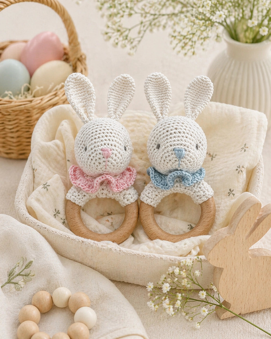 Bunny Bamboo Crochet Woodring Rattle Pink