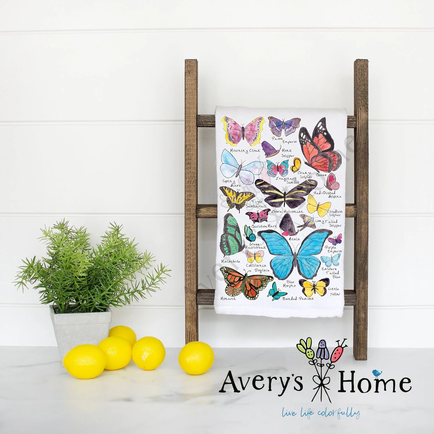 cotton dish towel with various butterflies in bright colors