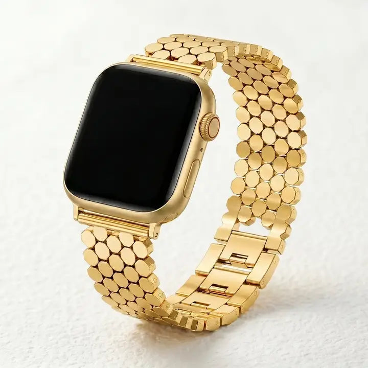 Gold cape diablo golden honeycomb luxary apple watch band on a smartwatch with a white background