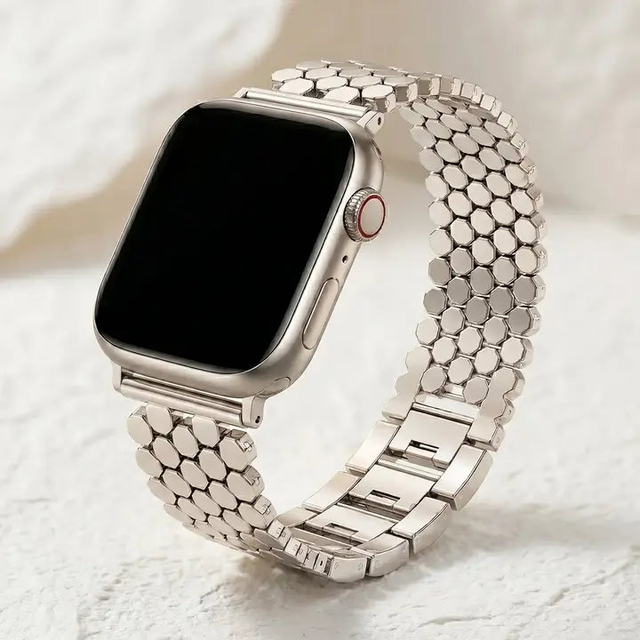 cape diablo silver honeycomb luxary apple Smartwatch band with a silver metal band on a light background