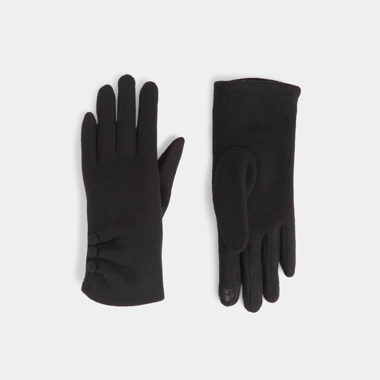 A pair of black touchscreen gloves with a button detail