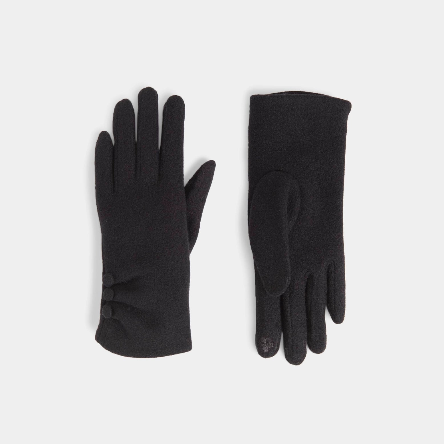 A pair of black touchscreen gloves with a button detail