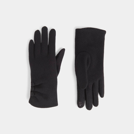 A pair of black touchscreen gloves with a button detail