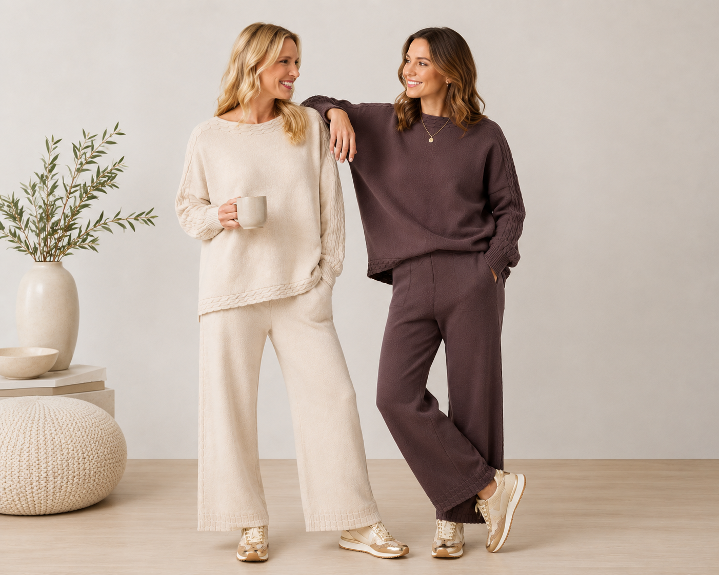 Two women wearing coco+ Carmen cable knit detail dolman sweaters and pants Heavenly-luxe one in french roast and the other in oatmeal