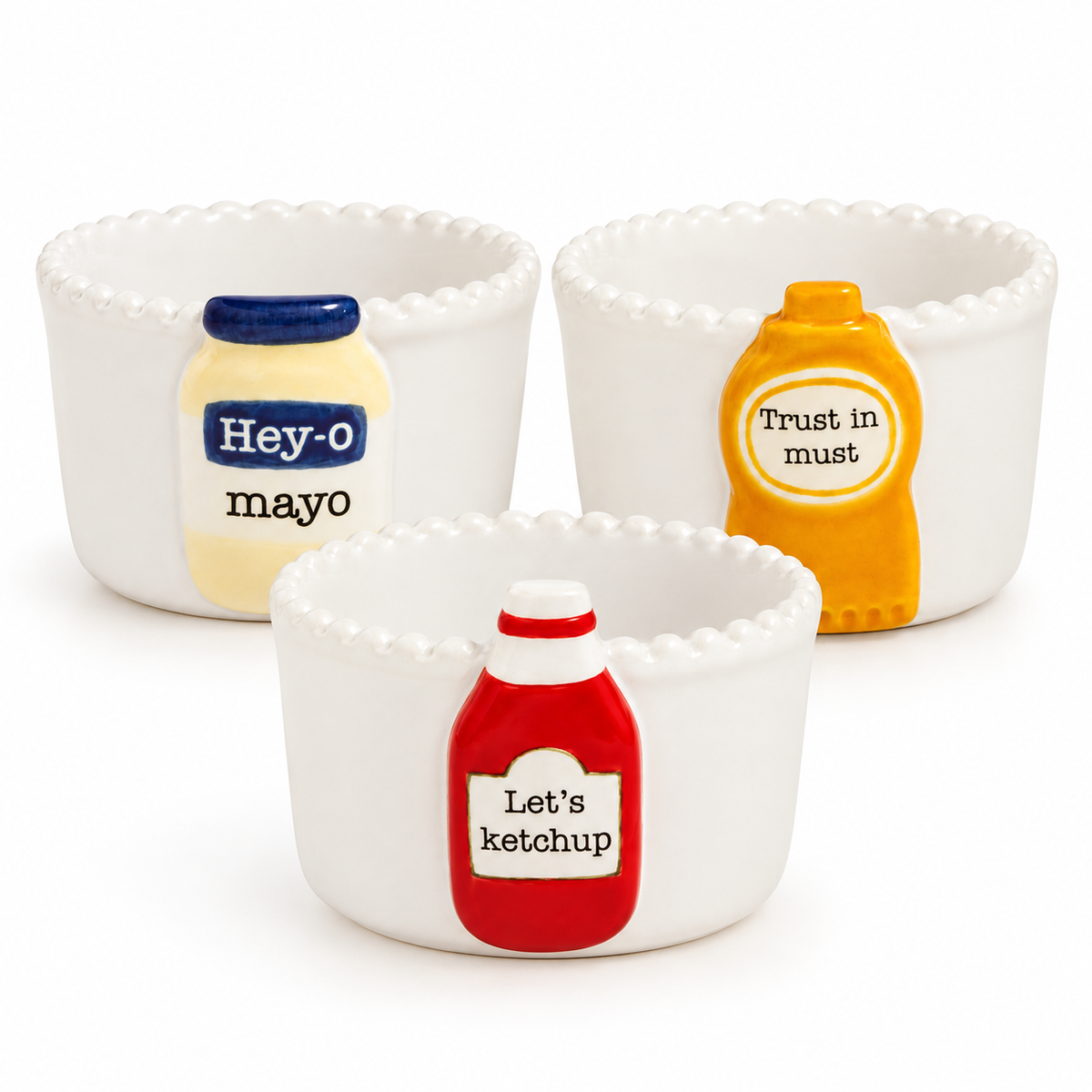 Set of three white tidbit bowls with a mustard, mayo and ketchup bottle design