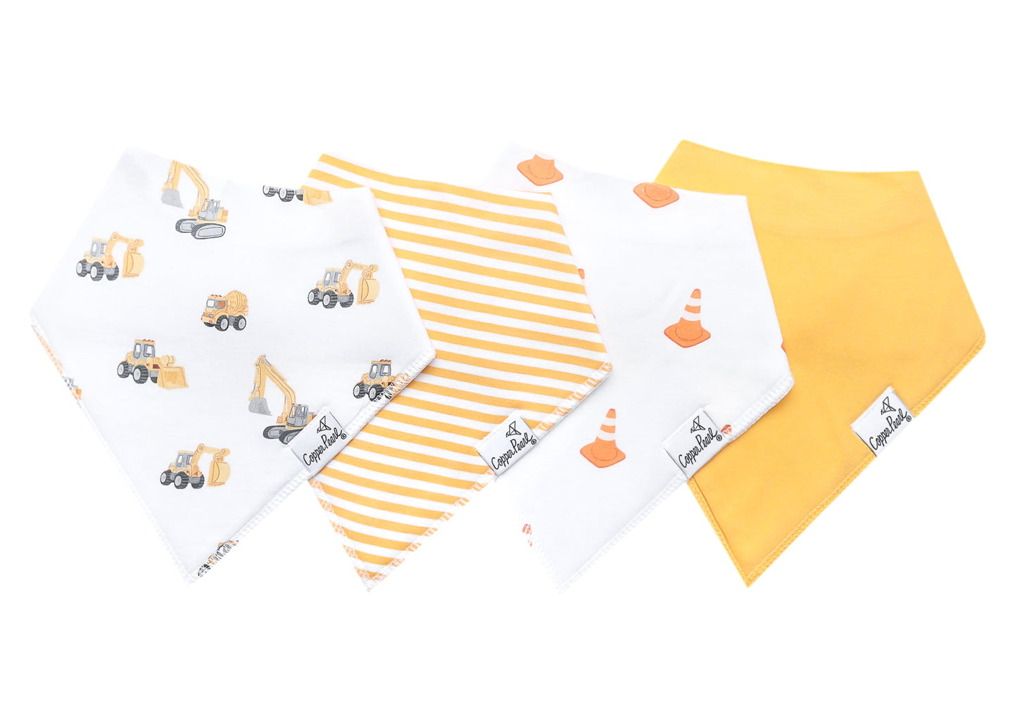 Four baby bandana bibs in a fan arrangement on a white background. The bibs include a white bib with yellow construction excavators, a white bib with yellow stripes, a white bib with orange traffic cones, and a solid yellow bib.