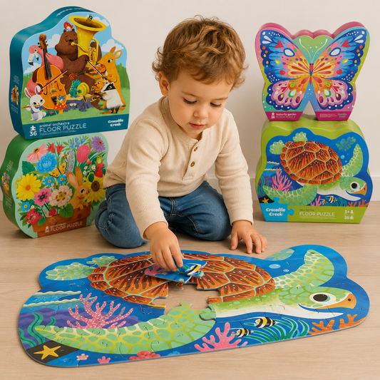 Child playing with a turtle-shaped puzzle in front of other colorful 36 piece floor puzzles by crocodile creek.
