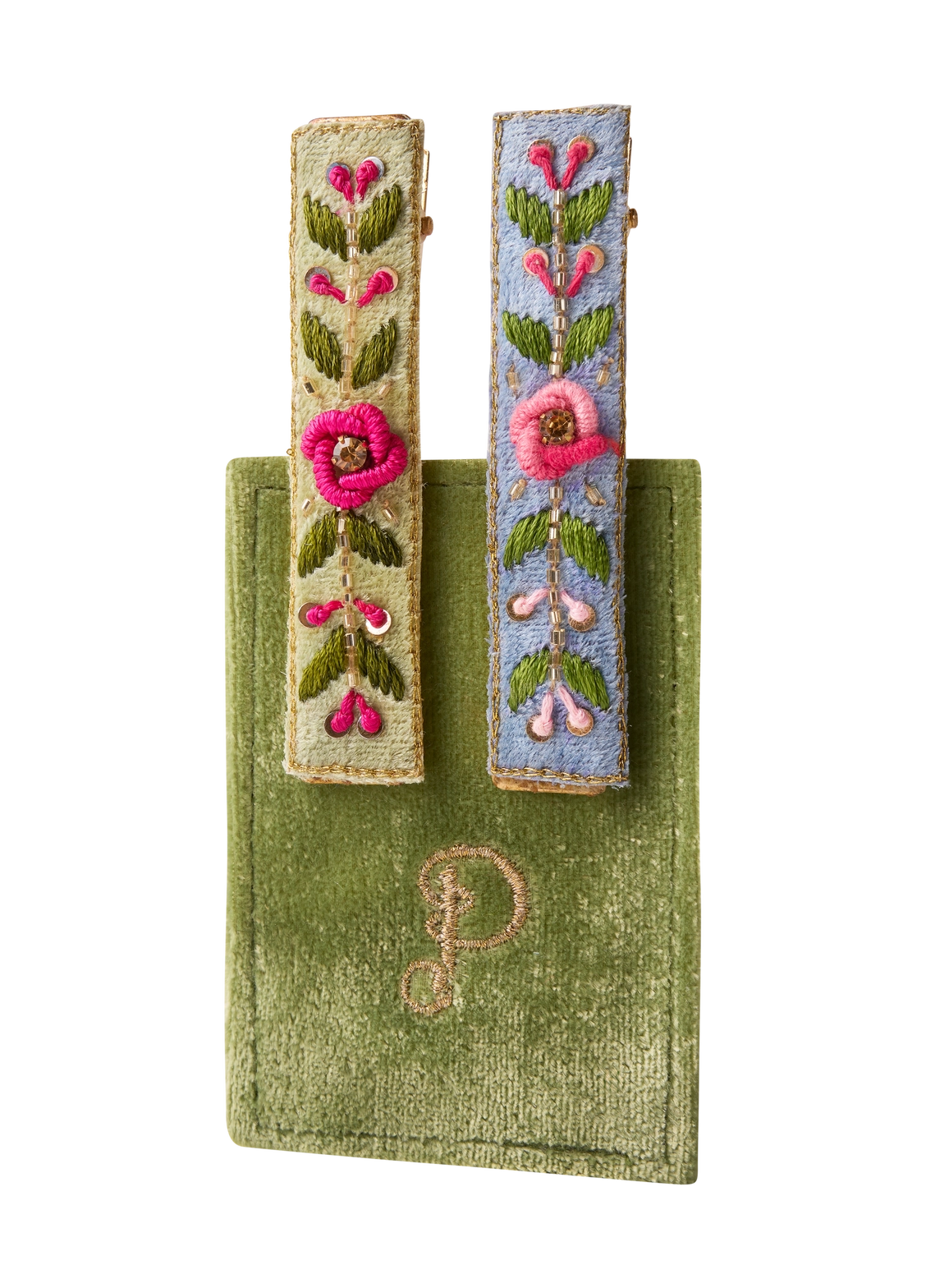 Embroidered Hair Bars- Mint/Cornflower Floral Vines