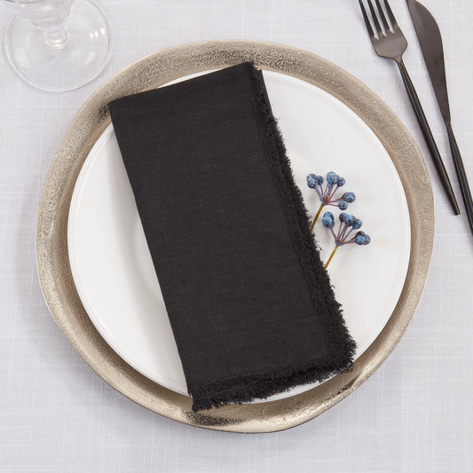 Saro Fringe Design Stone Washed Napkin Black