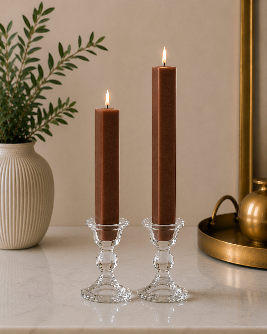 Two #53 Spice Brown 8" and 12" square taper pillar beeswax candles by Dadant  in clear glass candlesticks on a marble surface, with a potted plant on the left and a brass tray on the right.