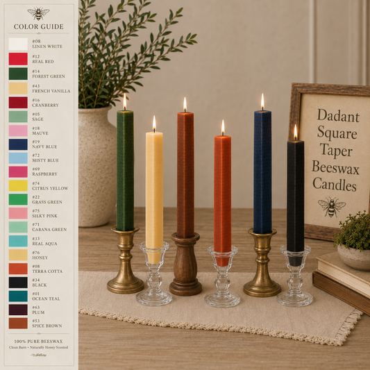 Five lit beeswax taper candles in different colors stand in clear glass holders on a wooden surface, with a printed color guide and a framed sign reading 'Dadant Square Taper Beeswax Candles' in the background.