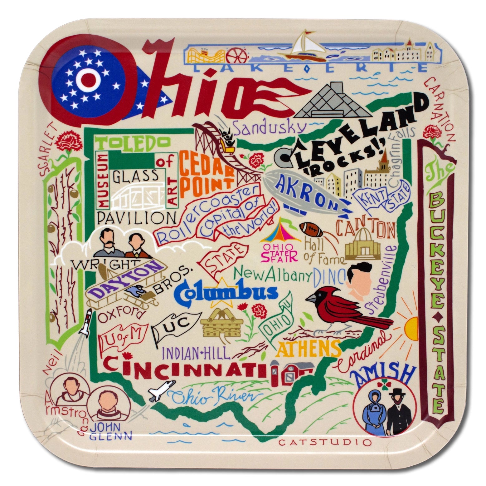Decorative tray with illustrated map of Ohio featuring various cities and landmarks.