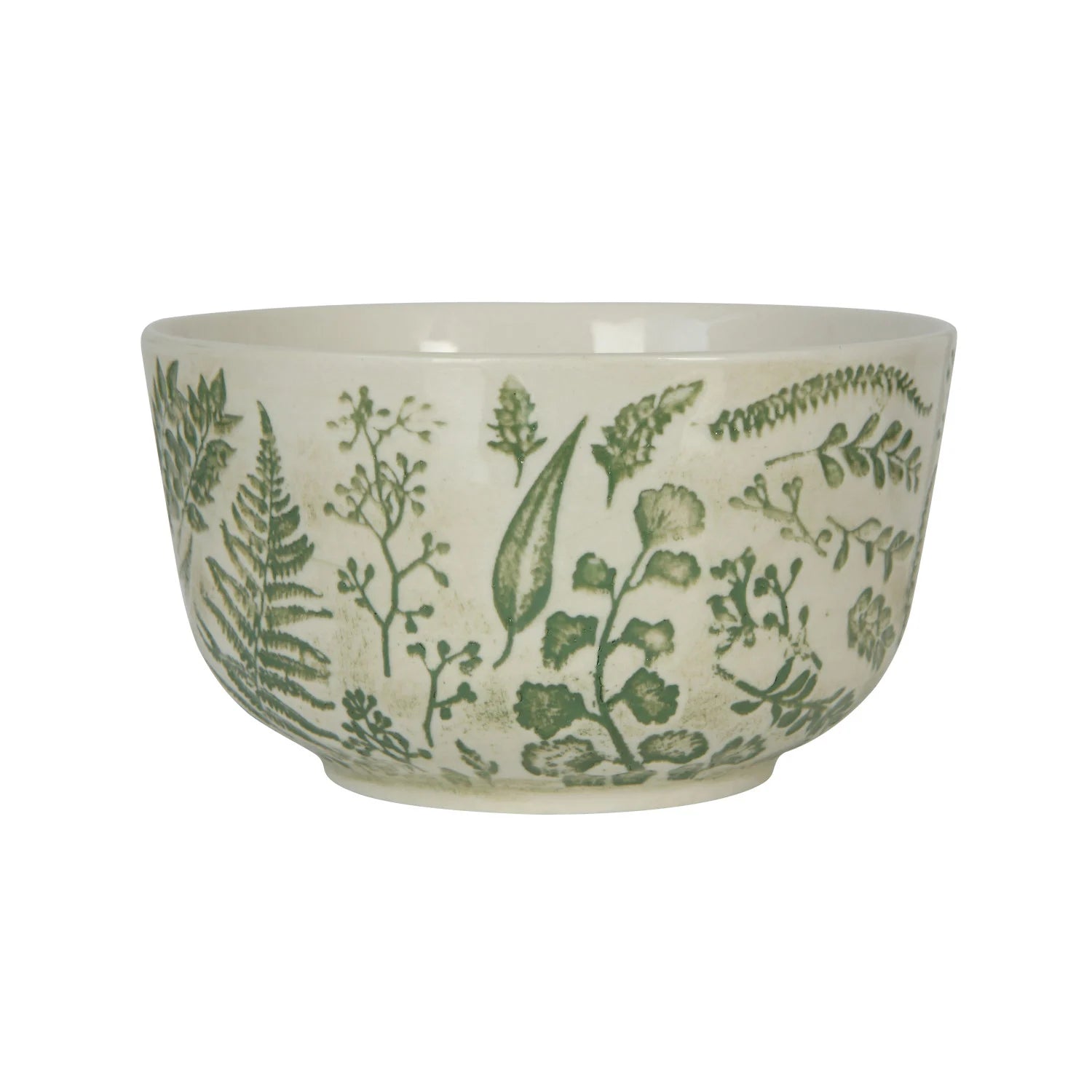 cream stoneware bowl with a green botanical pattern