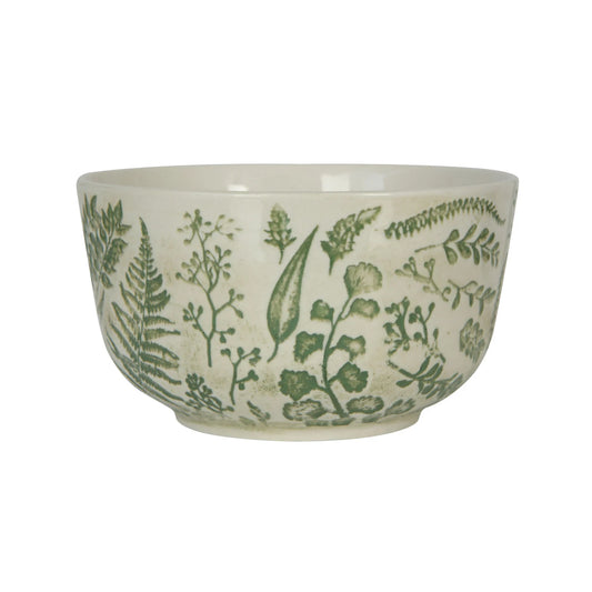 cream stoneware bowl with a green botanical pattern