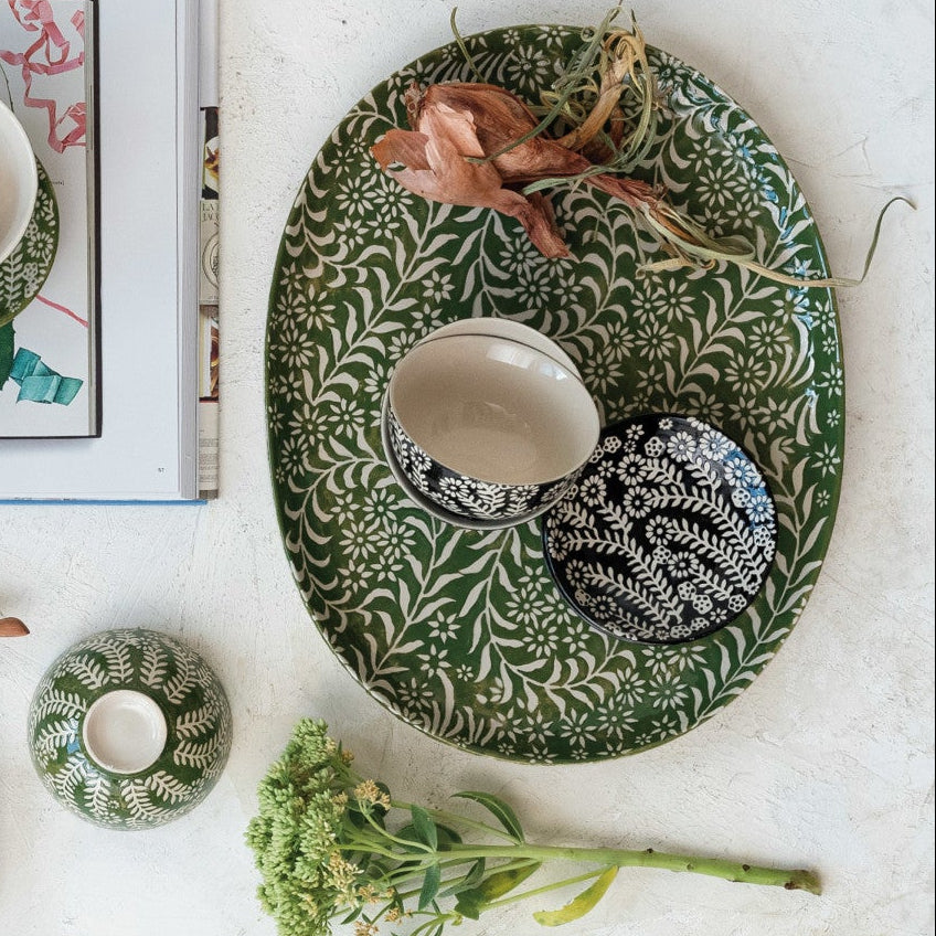 Stoneware Oval Platter w/Wax Relief Botanicals