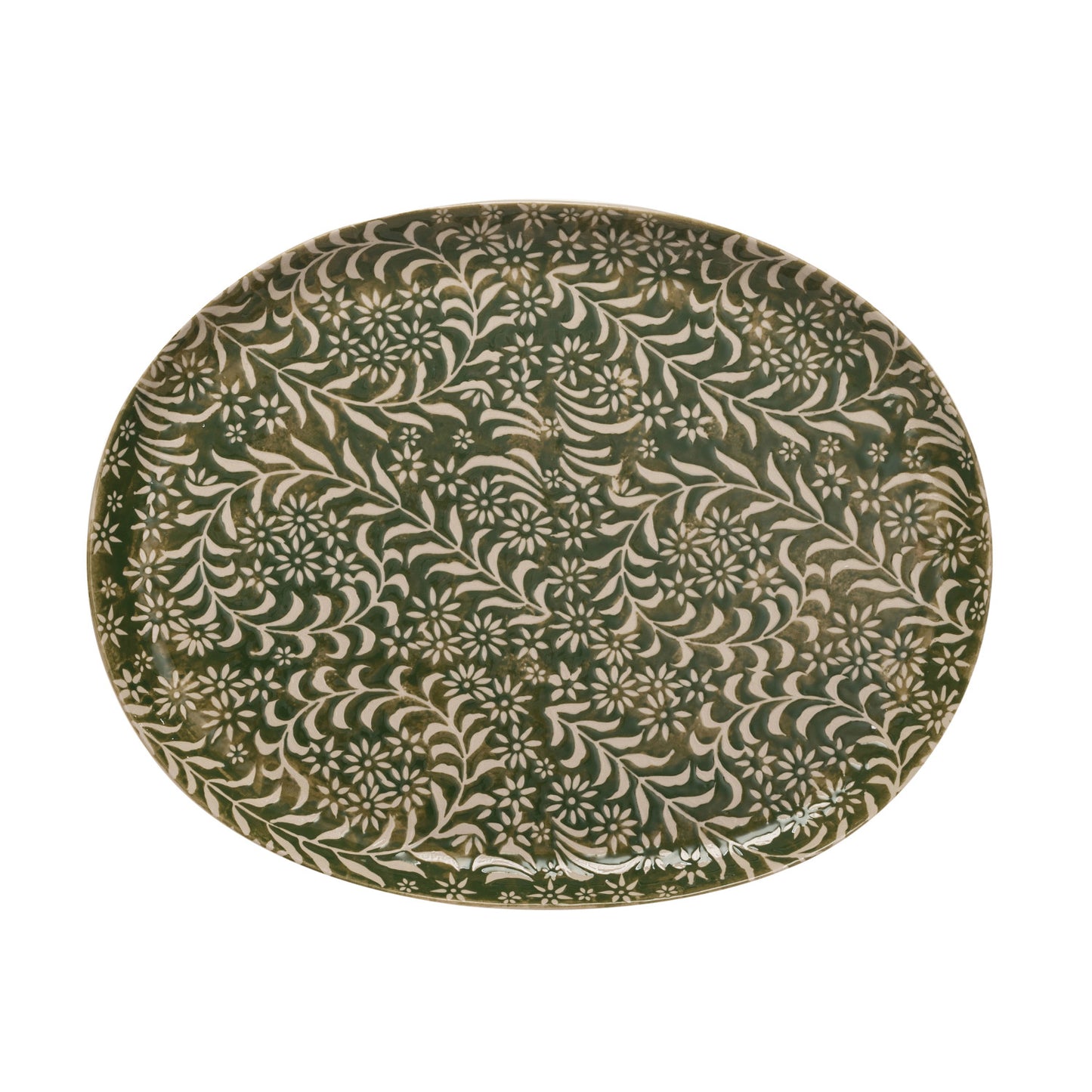 Decorative plate with a green and beige floral pattern 