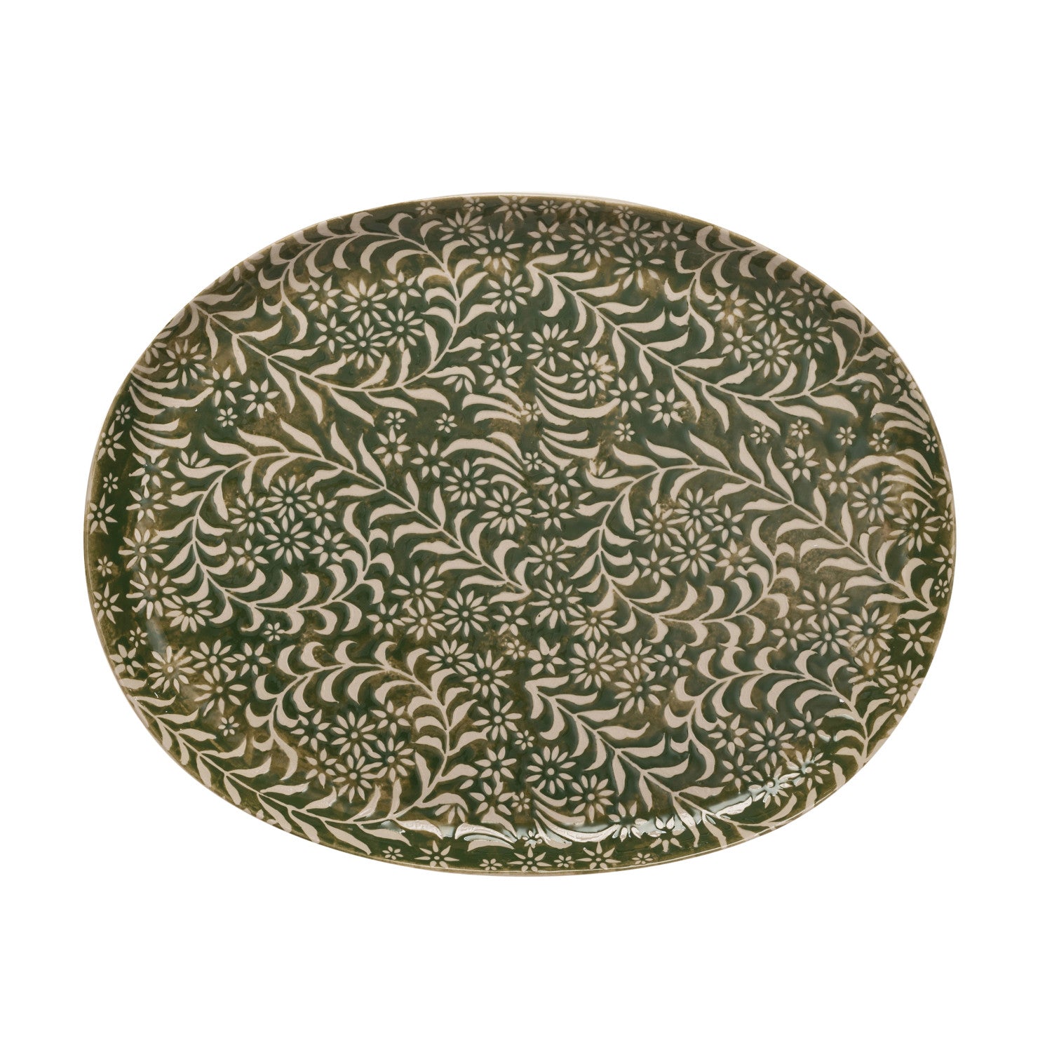 Decorative plate with a green and beige floral pattern 