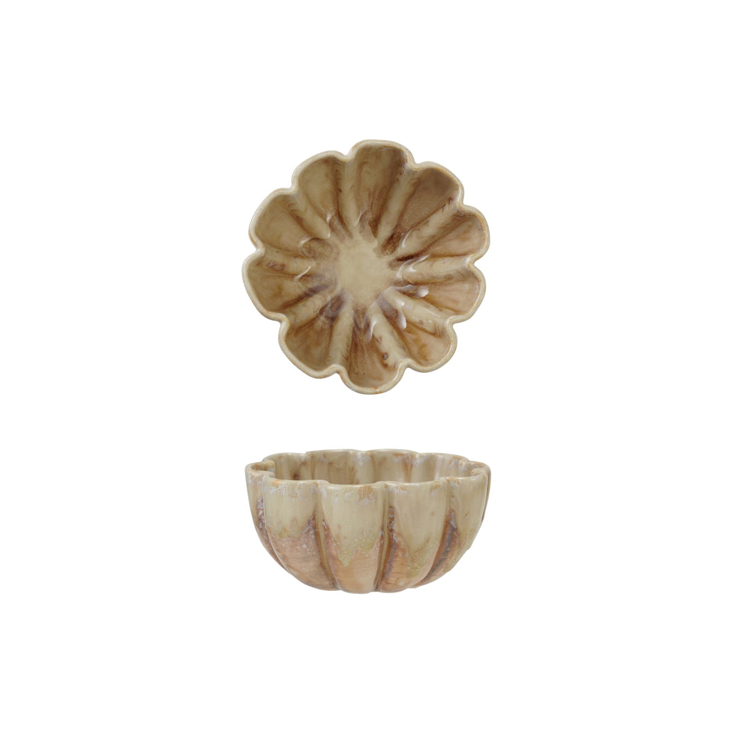 Decorative stone bowl with a fluted design and brown crackle glaze