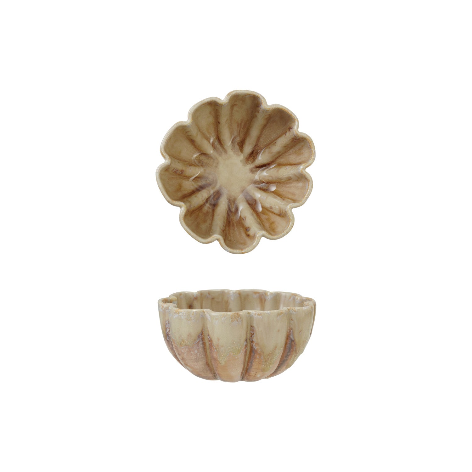 Decorative stone bowl with a fluted design and brown crackle glaze