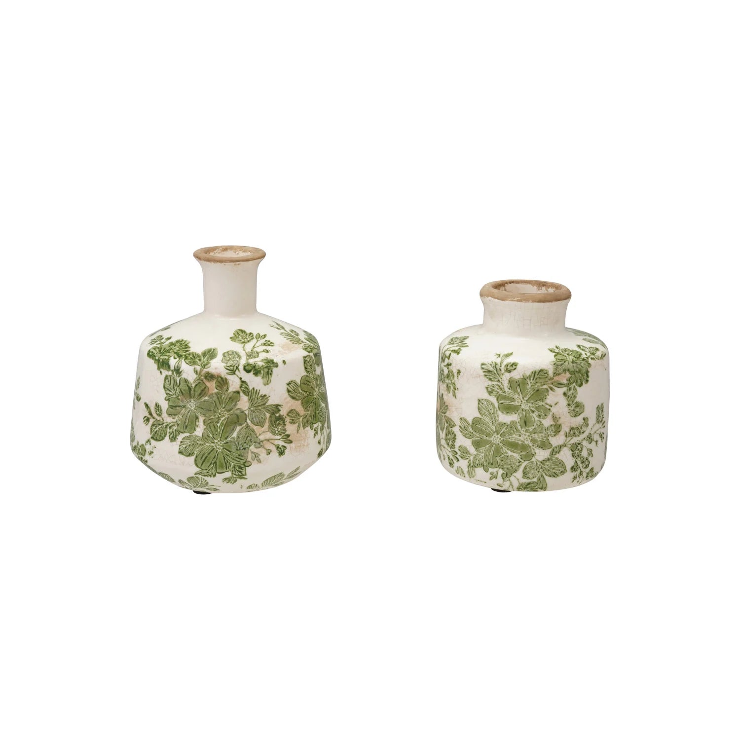Two white ceramic vases with green floral patterns 
