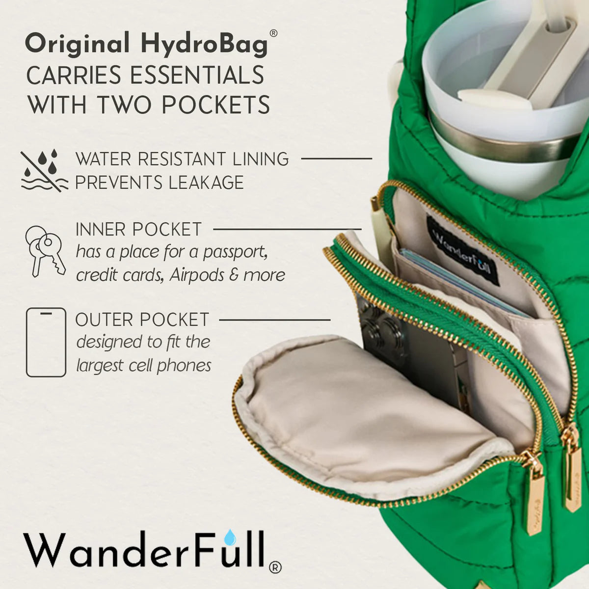Green HydroBag with open compartments showing its features, including water-resistant lining and two pockets.