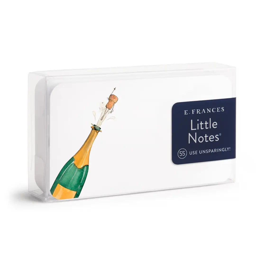 Pack of E. Frances Little Notes with a champagne bottle with flying cork design on a white background