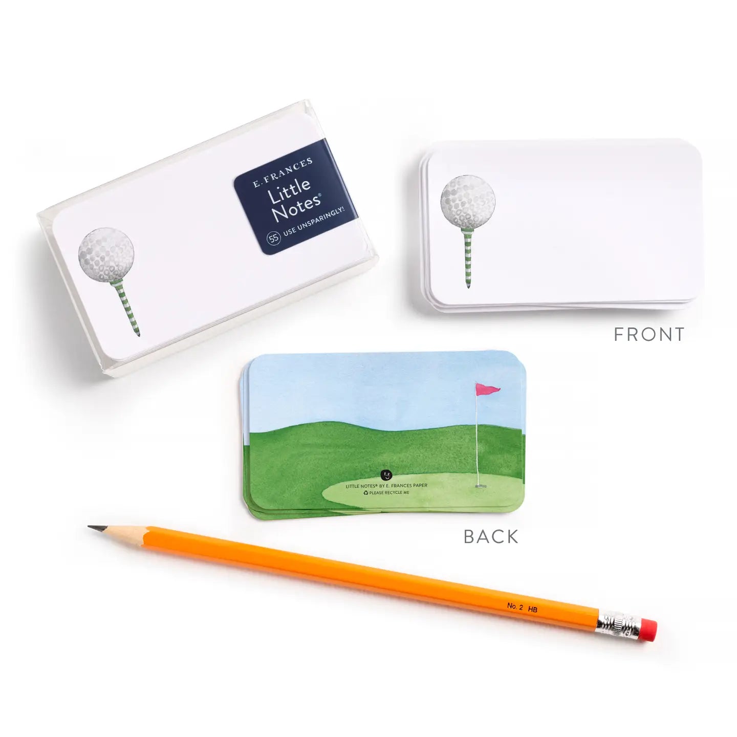 Golf-themed notecards with golf ball, tee and golf course illustrations