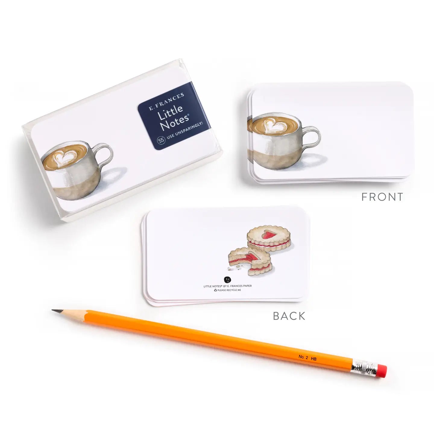 Little notes with coffee cup design and back view of notebook with 2 cookies