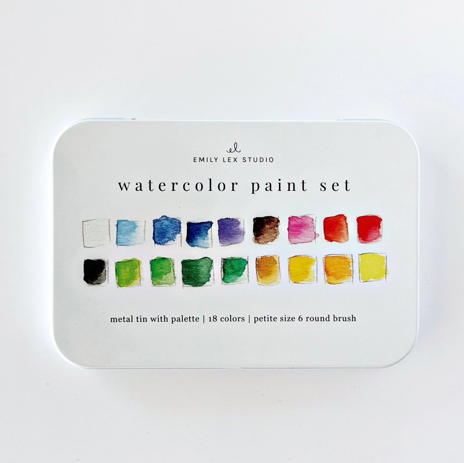 Emily Lex watercolor paint set with color swatches on a white background