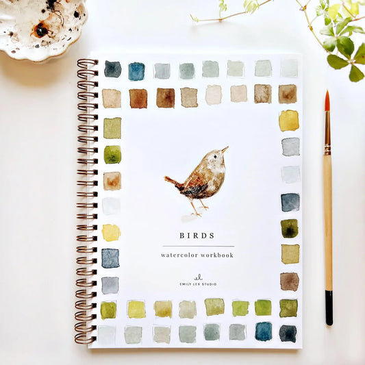 Watercolor workbook titled 'Birds' with a bird illustration on a white background