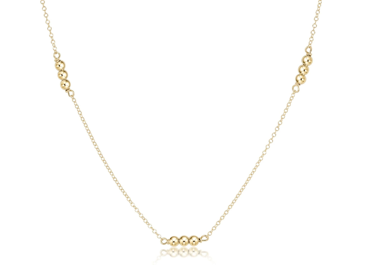 A delicate gold enewton chain Joy Simplicity 15 inch choker necklace featuring small, evenly spaced polished 3MM gold beads at the center and near the top corners, displayed on a clean white background.
