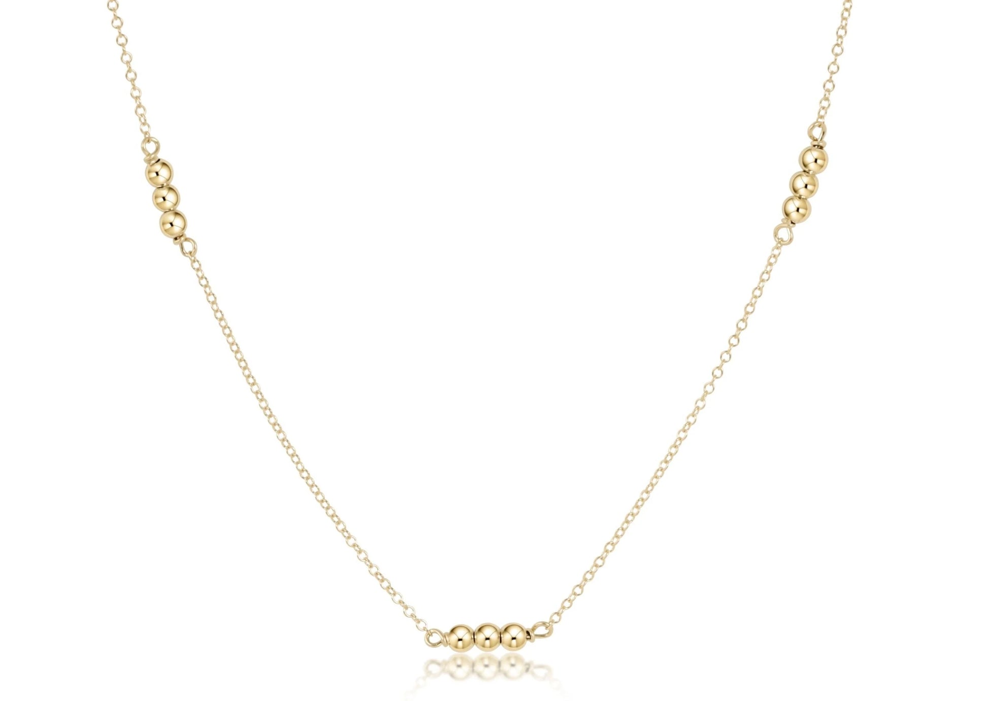 A delicate gold enewton chain Joy Simplicity 15 inch choker necklace featuring small, evenly spaced polished 3MM gold beads at the center and near the top corners, displayed on a clean white background.