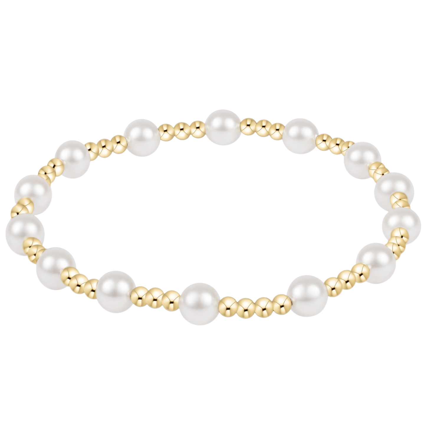 enewton Sincerity Bracelet with a pattern of one 5MM crystal Pearl bead and then three 2.5MM Gold Beads
