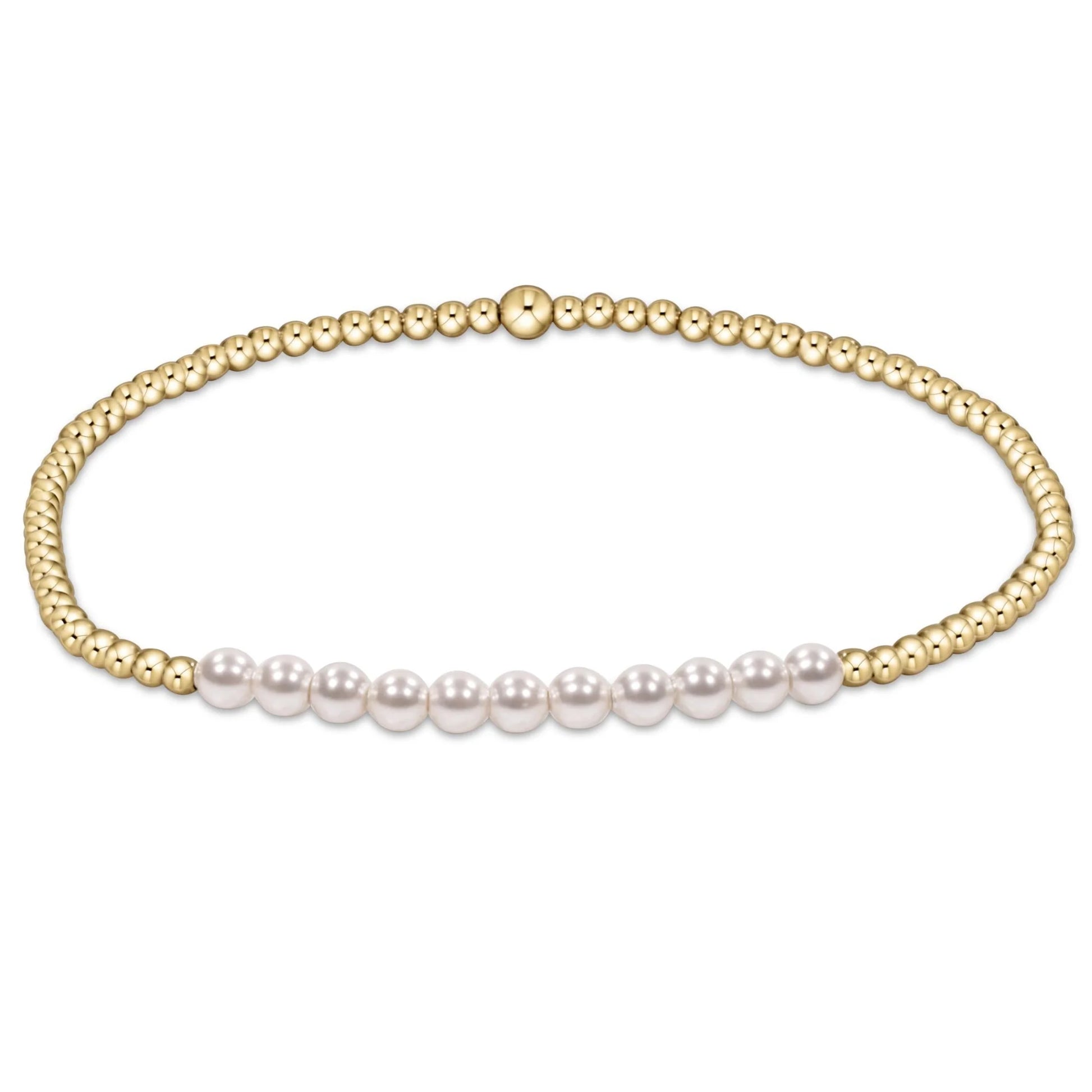 enewton Bliss Bracelet with a row of 3MM Pearl Beads  with 2mm Gold filled  Beads on a white background