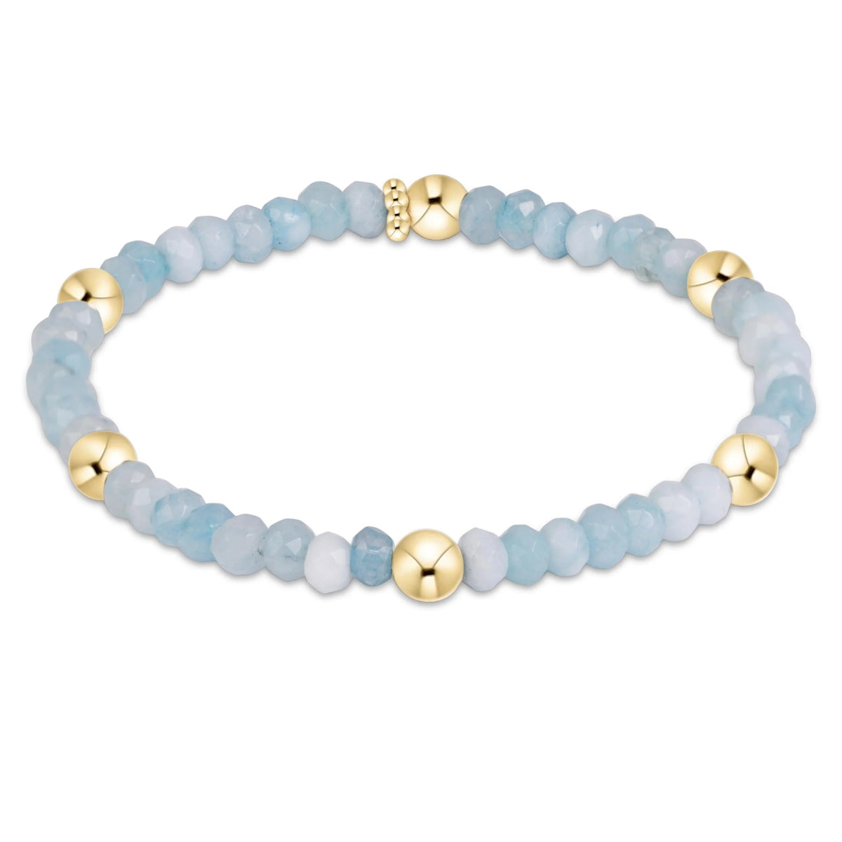 enewton presence braclet on a stretch band with 4mm aquamarine beads in varying shades of light blue with a pattern of gold beads. 