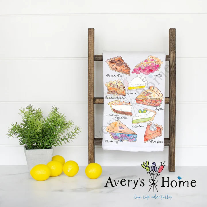 Dish towel with multiple pie illustrations like apple, pumpkin, key lime, cherry, blueberry,peacan