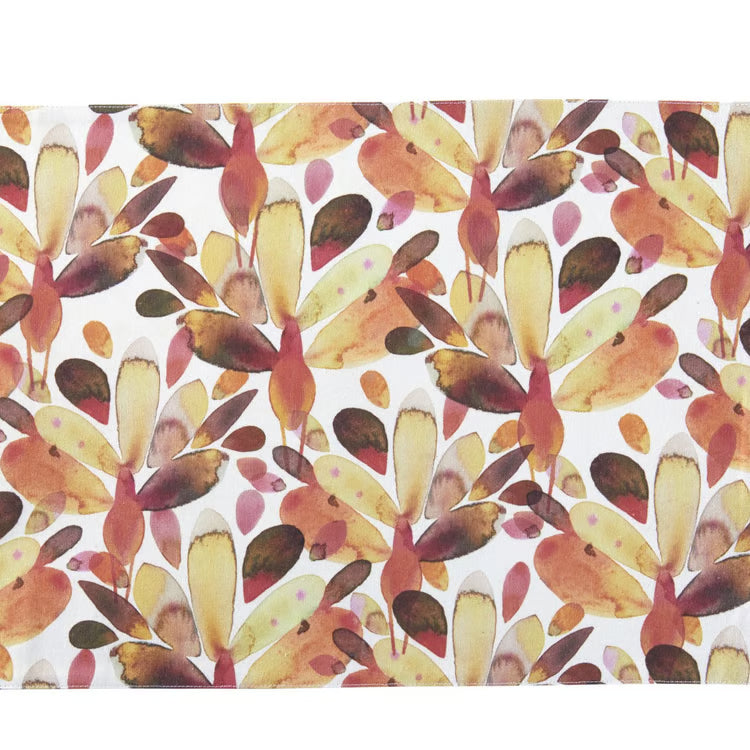 placemat featuring an abstract turkey print in fall colors