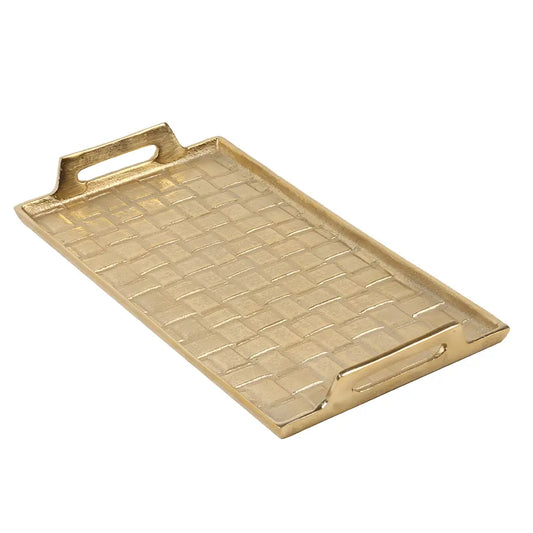 Gold rectangular serving tray with a woven design and handles