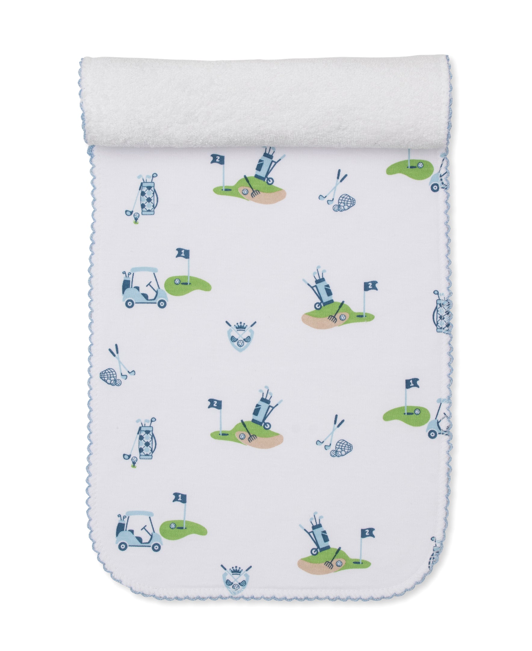 kissy Kissy burp cloth with a blue golf-themed pattern on a white background