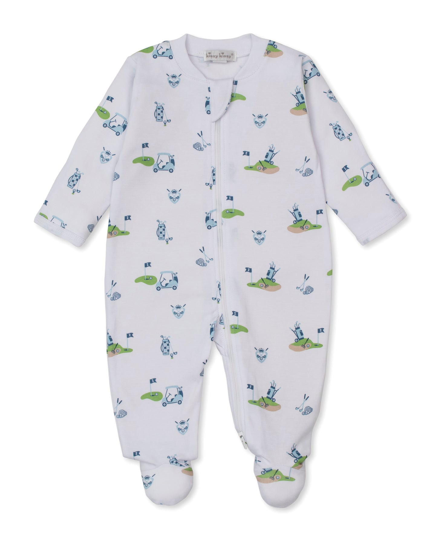 kissy kissy zippered footie with a blue golf championship pattern