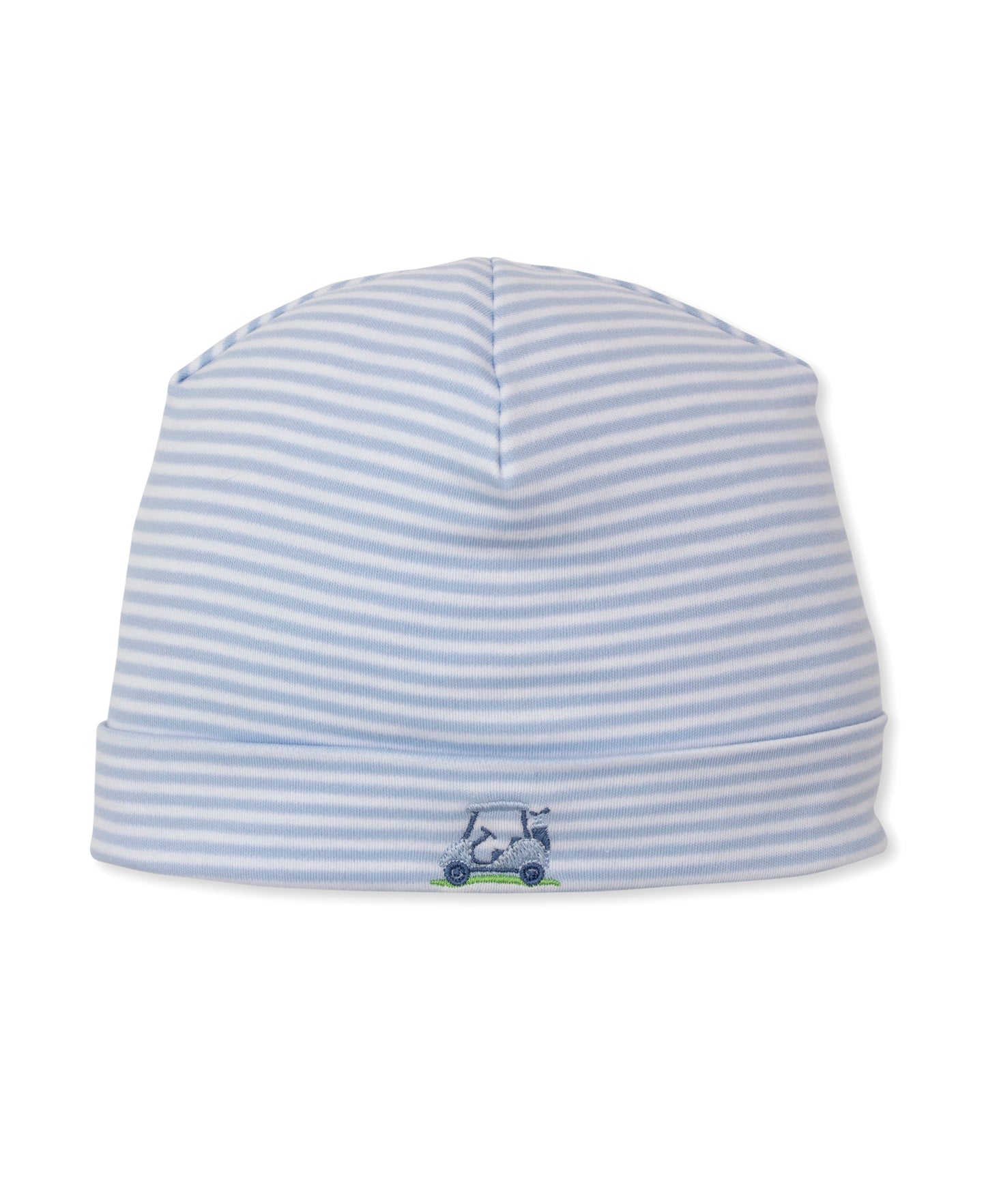 Blue and white striped baby hat with a small embroidered golf cart 