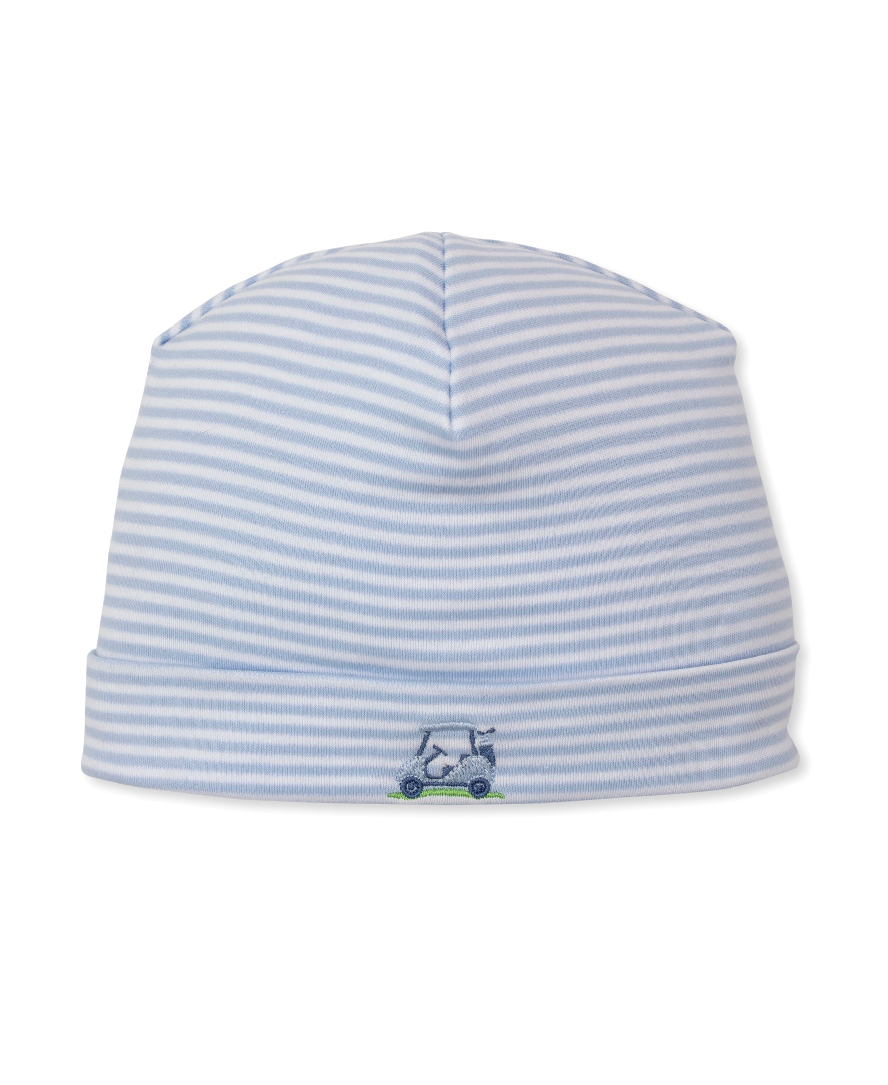 Blue and white striped baby hat with a small embroidered golf cart 