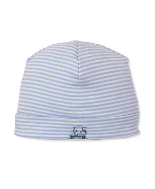 Blue and white striped baby hat with a small embroidered golf cart 