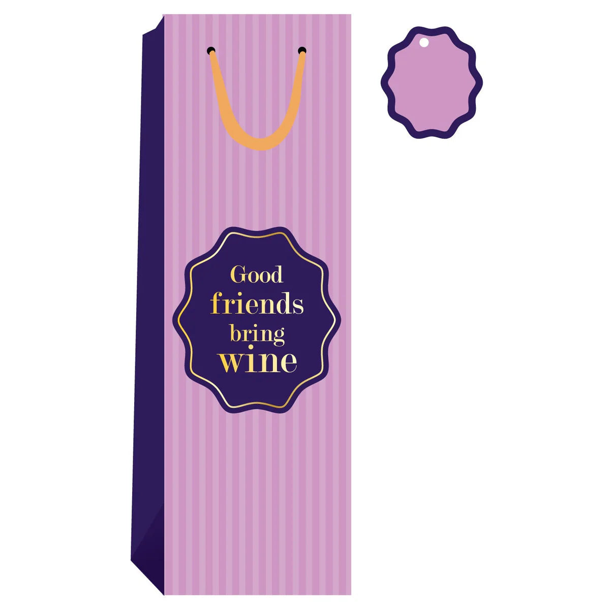 Wine gift bag with purple and pink design and 'Good friends bring wine' text.