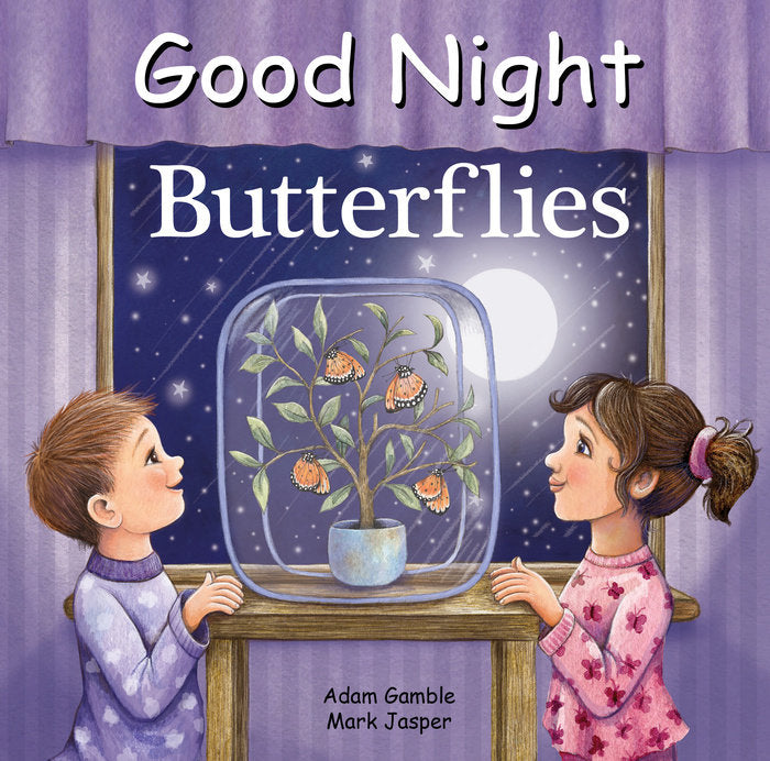 Illustrated book cover of 'Good Night Butterflies' with two children looking at butterflies through a window.