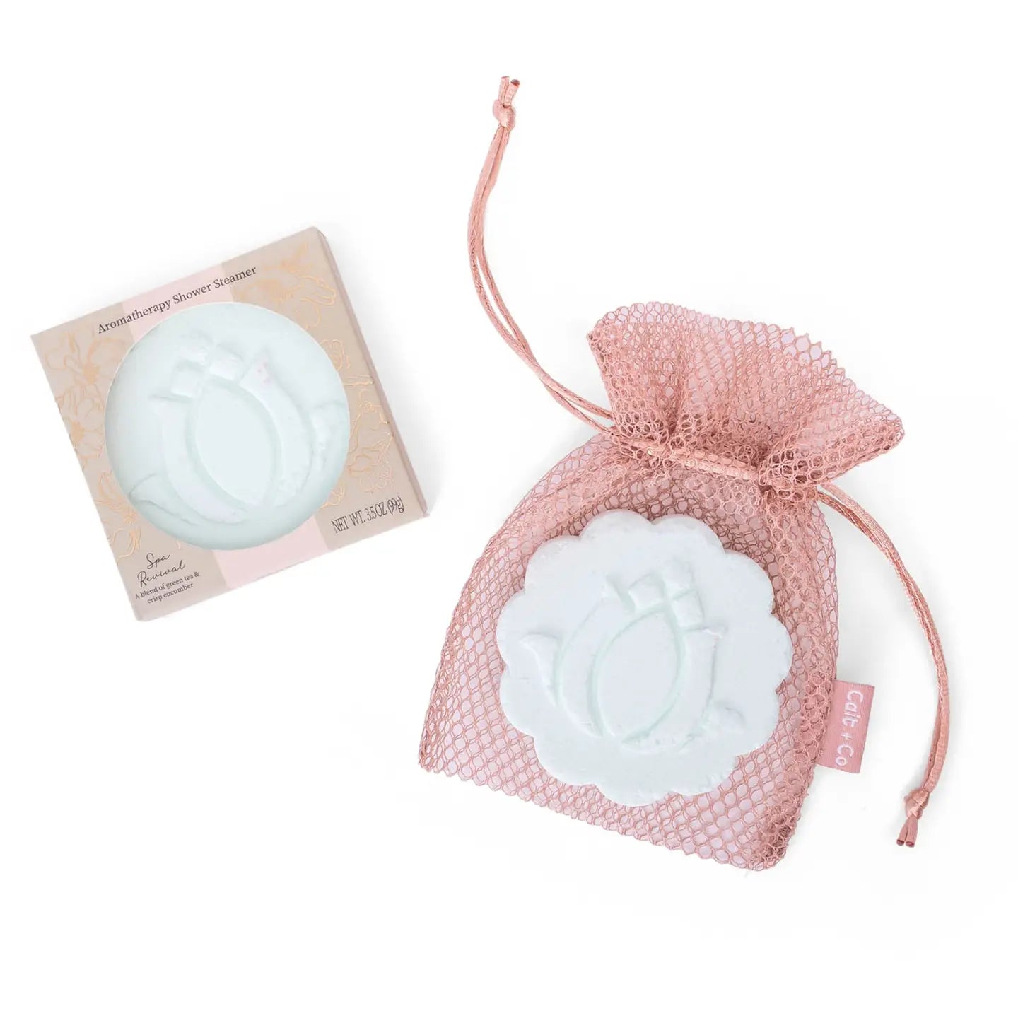  flower-shaped shower steamer in a mesh bag with packaging with text green tea and cucumber
