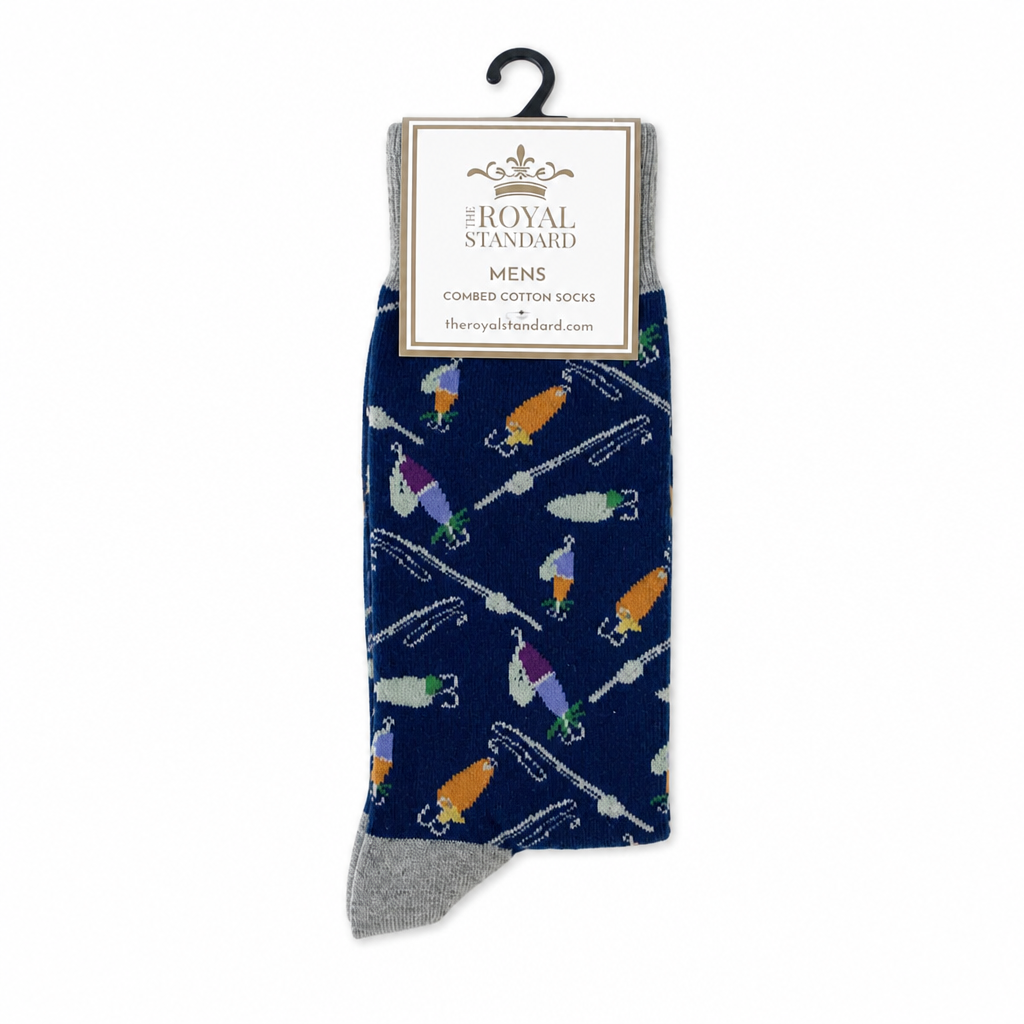 men's socks with a fishing pattern of fishing rods and lures