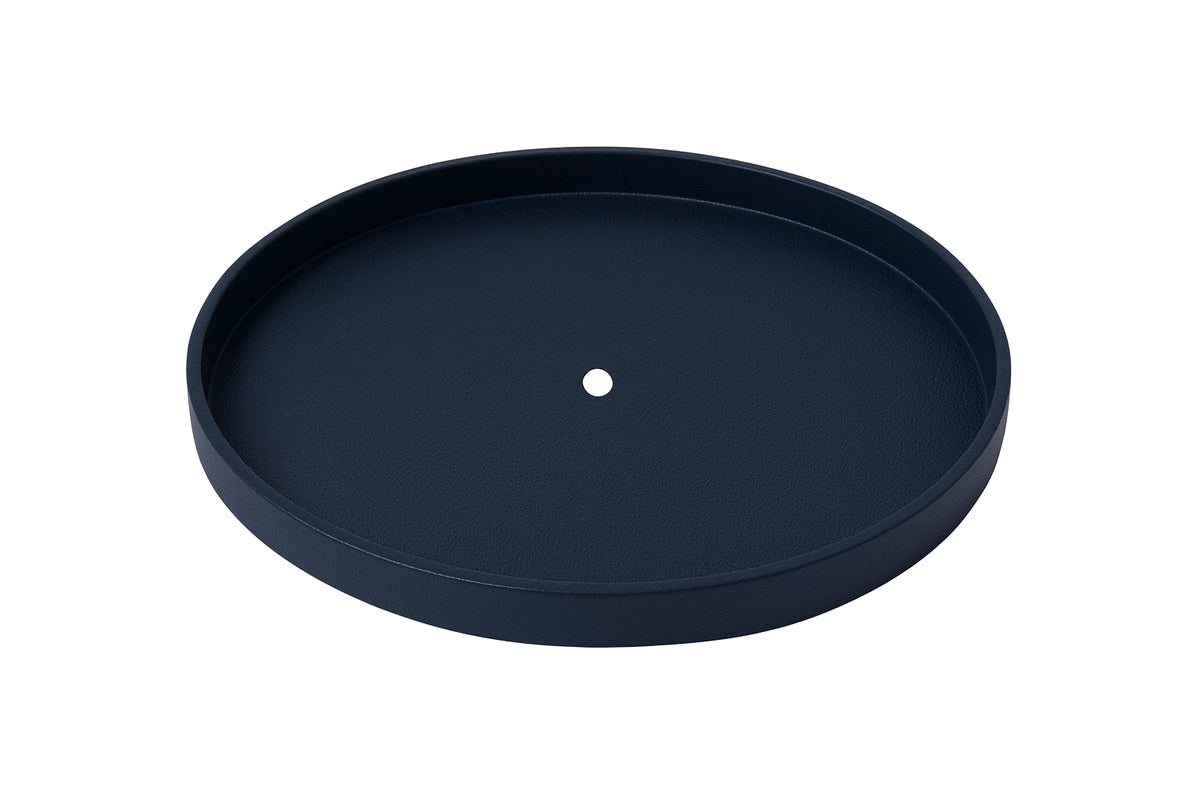 A round, dark navy-blue pop in gallery tray with a single central hole, shown from a top-down perspective on a solid white background.