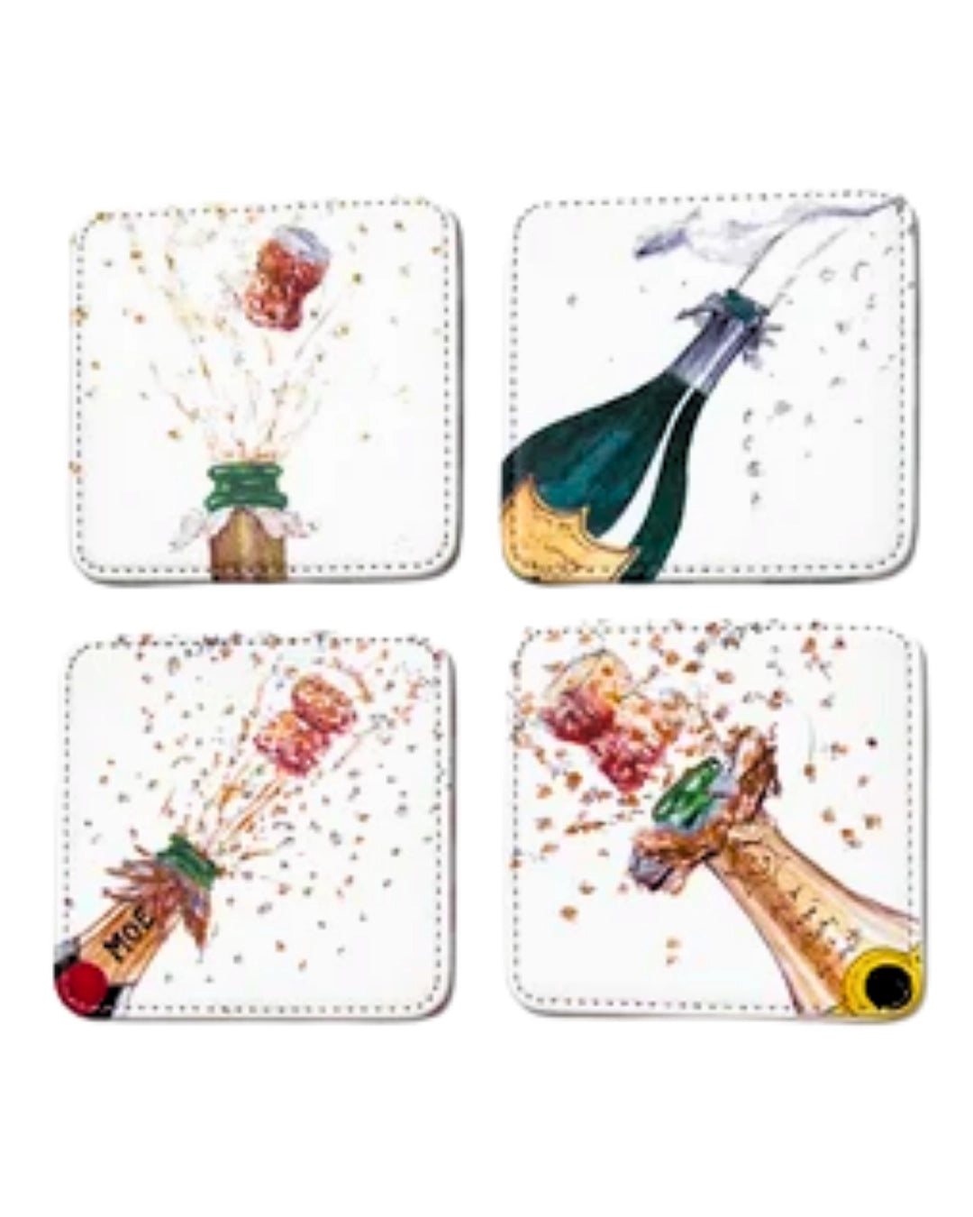 Set of four coasters with champagne bottle and glass designs on a white background