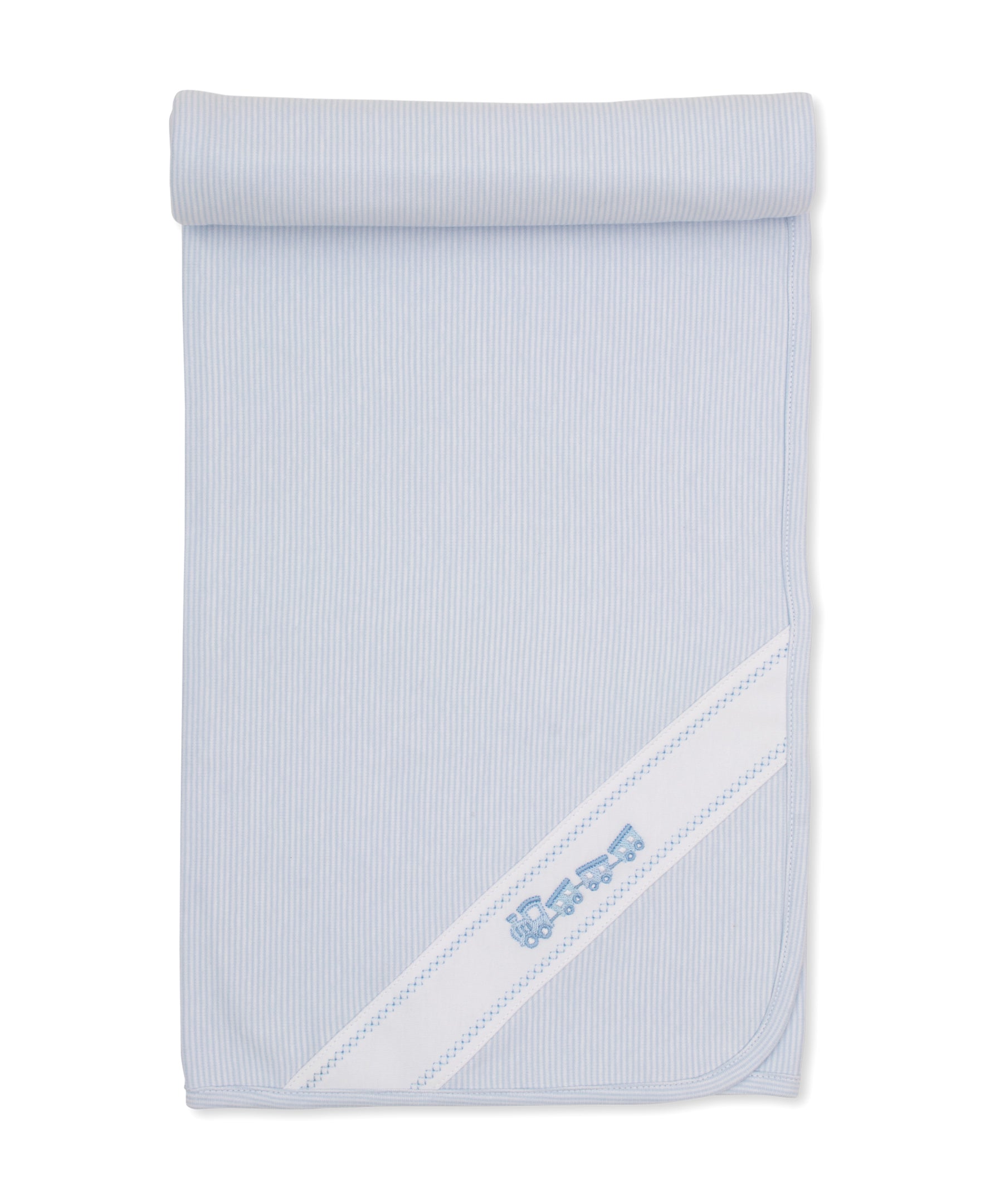 Kissy kissy classic treasures light blue ribbed baby blanket with a white diagonal stripe and a small blue embroidered logo, shown on a plain white background.